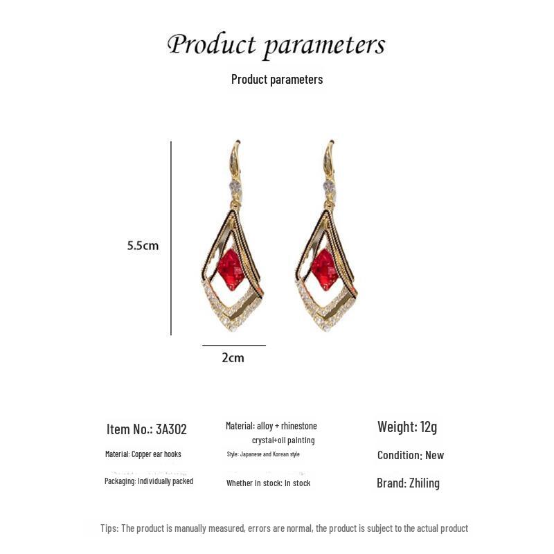2024 Women's Red Crystal Double-Layer Geometric Diamond Earrings – Trendy Korean Design