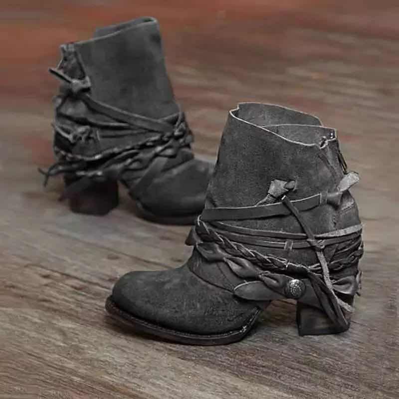 Wind Autumn Winter Fashion High Heel Round Head Rear Zipper Low Boots Woven Martin Boots