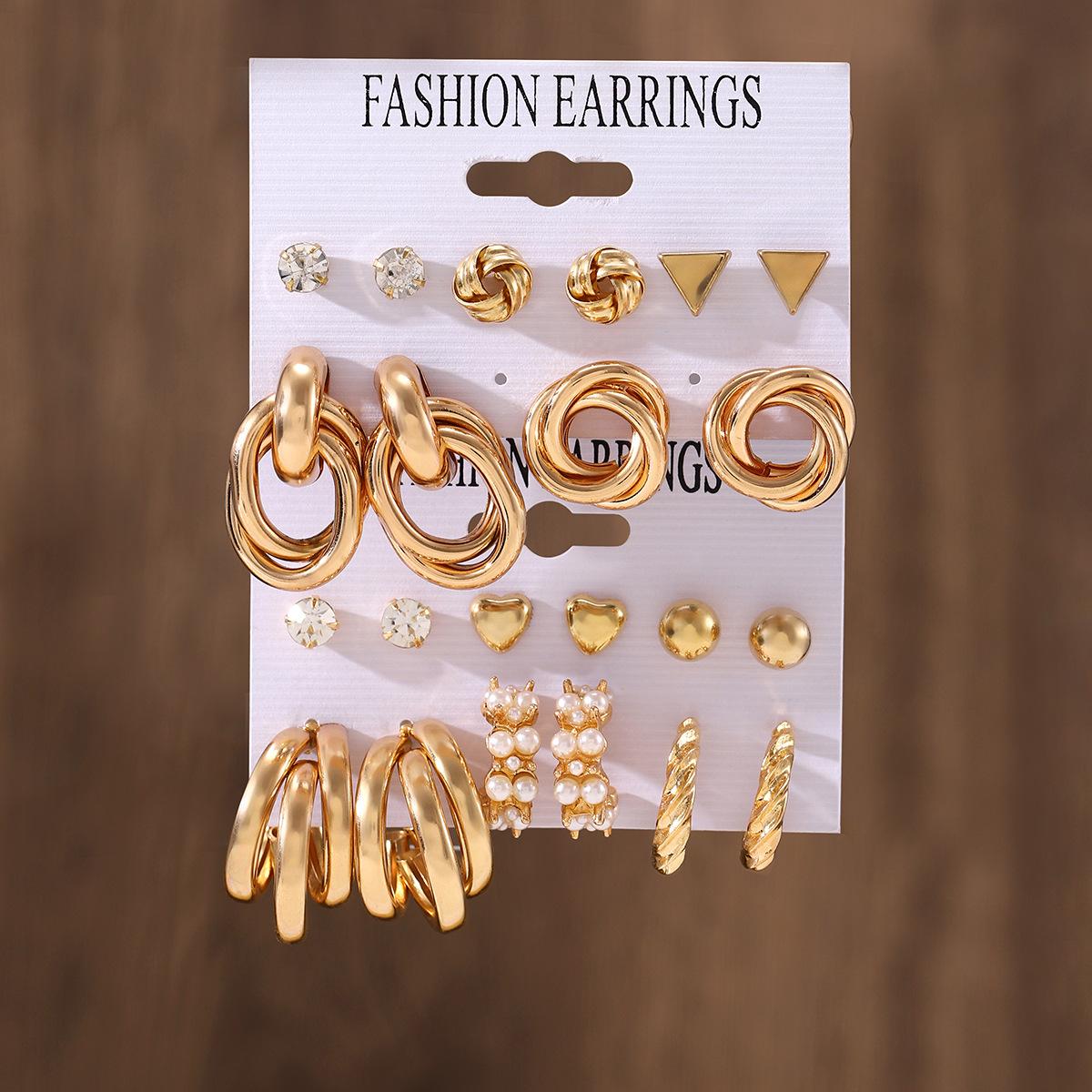 European and American hot-selling ins style fashion personality pearl twist metal earrings set C-shaped geometric retro earrings