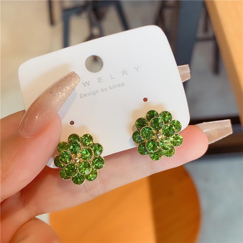 Elegant Rhinestone Flower Stud Earrings - Fashionable Light Luxury Ear Clips for Women