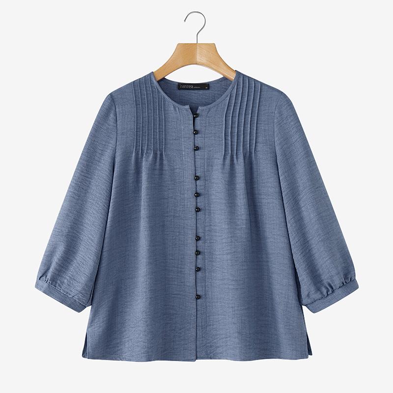 

ZANZEA Женская повседневная блузка с круглым вырезом, свободного кроя, с рукавами 3/4, однотонная 4XL синий