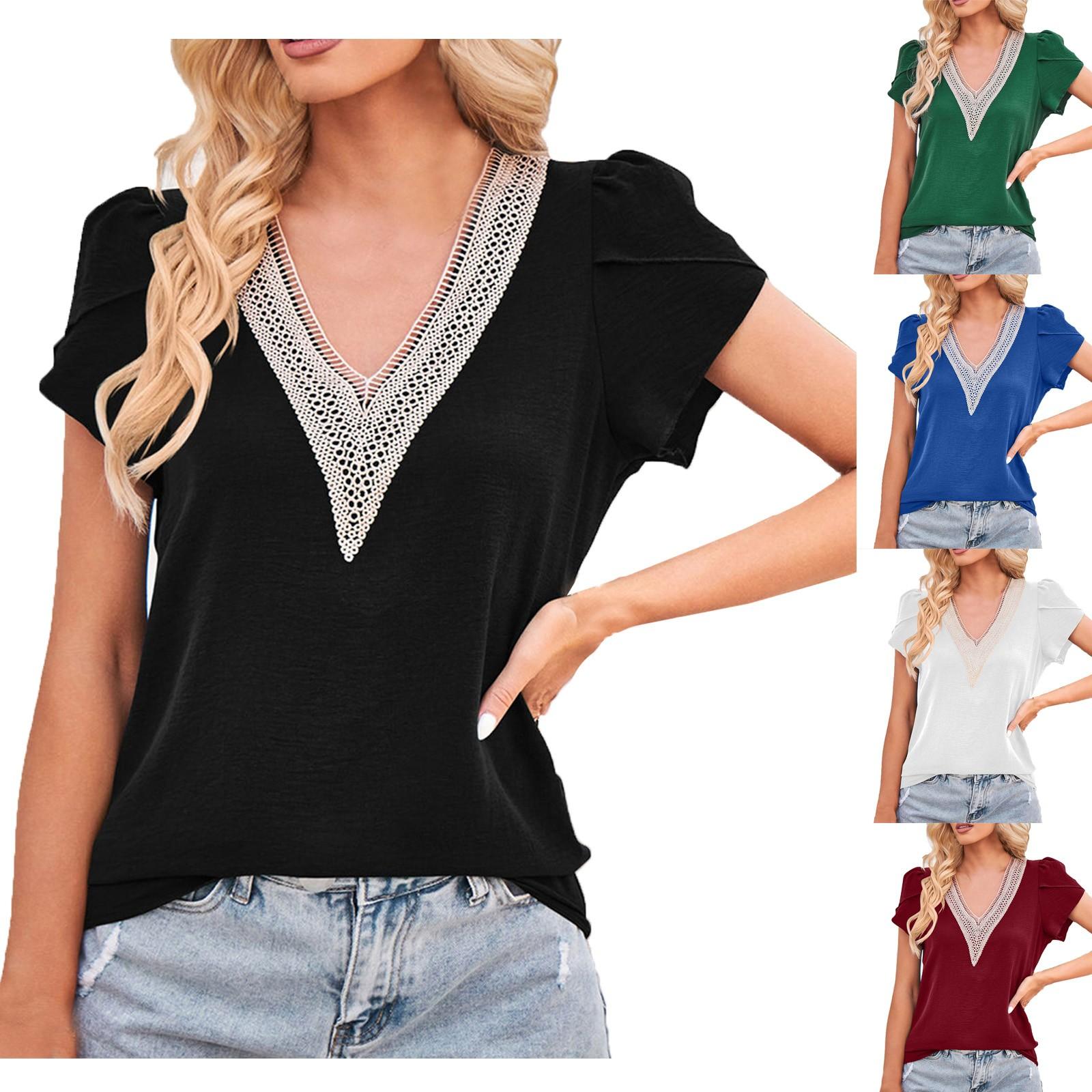 

(Qunide) Women s Lace Stitching V-neck Solid Color Chiffon Solid Color Short Sleeve Top