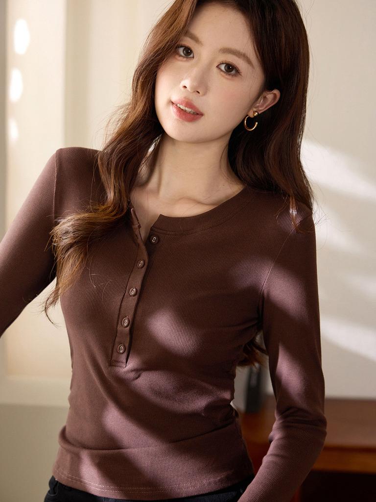 Cotton Long Sleeve T Shirt For Women With Ruffle Details And Round Neck For Office Wear