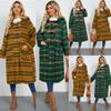 Women's Plus Size Winter New Cardigan Horn Button Wool Coat Loose Vintage Hooded Warm Plaid Long Coat