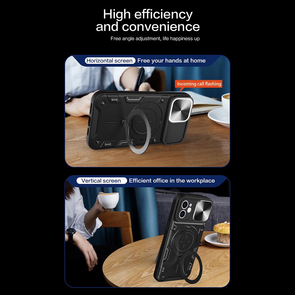 For iPhone 12 6.1 inch Slide Camera Lid Phone Case Rotatable Kickstand PC+TPU Shockproof Cover