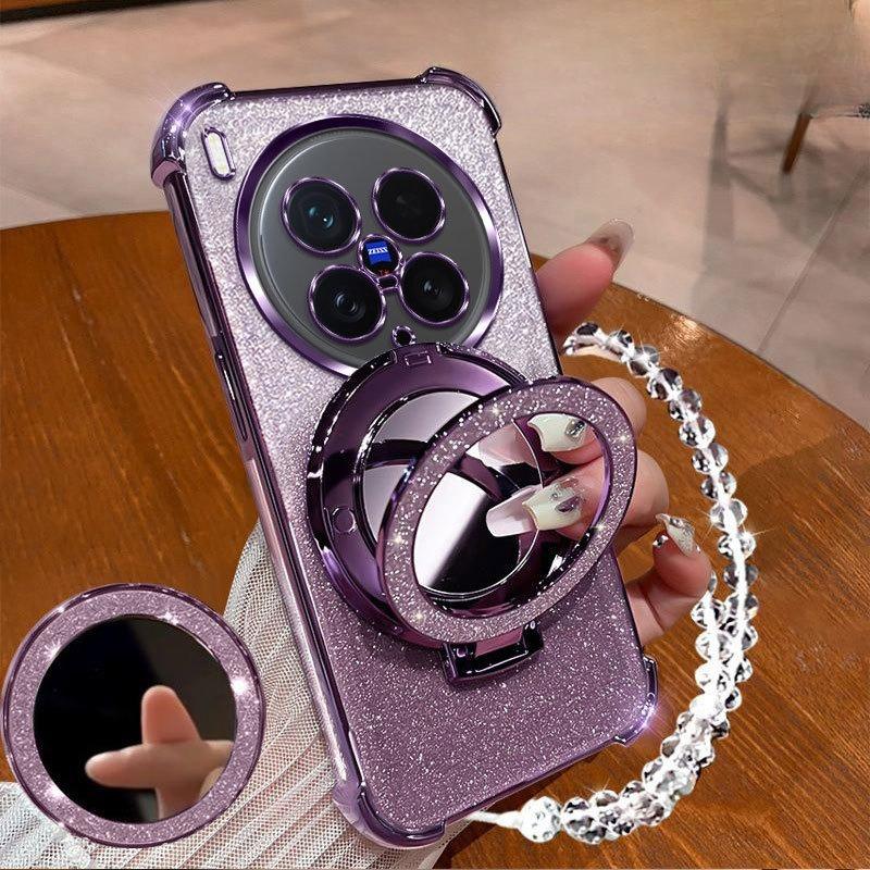 Shockproof Glitter Plating Case For Vivo X200 mini X200S X100 X100S Pro Ultra Crystal Bracelet Mirror Magnetic Holder Cover