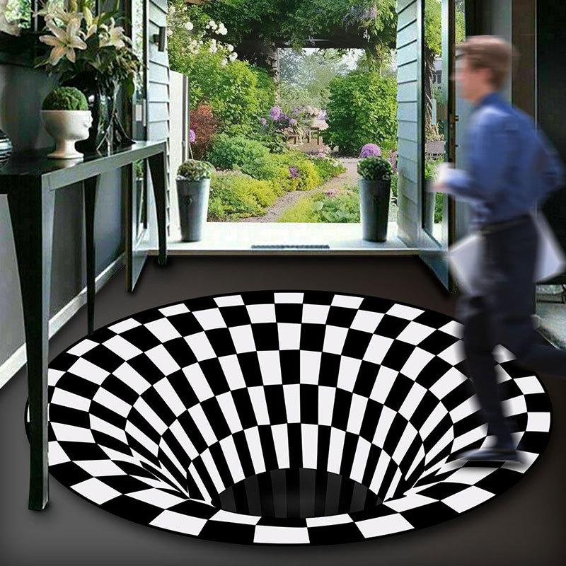 3D Illusion Vortex Carpet: Black & White Grid Round Floor Mat