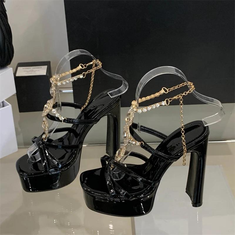 

Eilyken Summer Crystal Metal Chain Buckle Strap Women Sandals Sexy Banquet Party High Heels Shoes Platform Pumps 35 чёрный