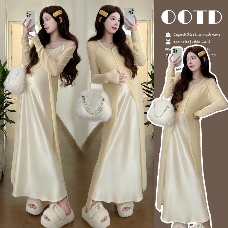 Spring 2026 Elegant Maternity Sling Dress & Cardigan Set L
