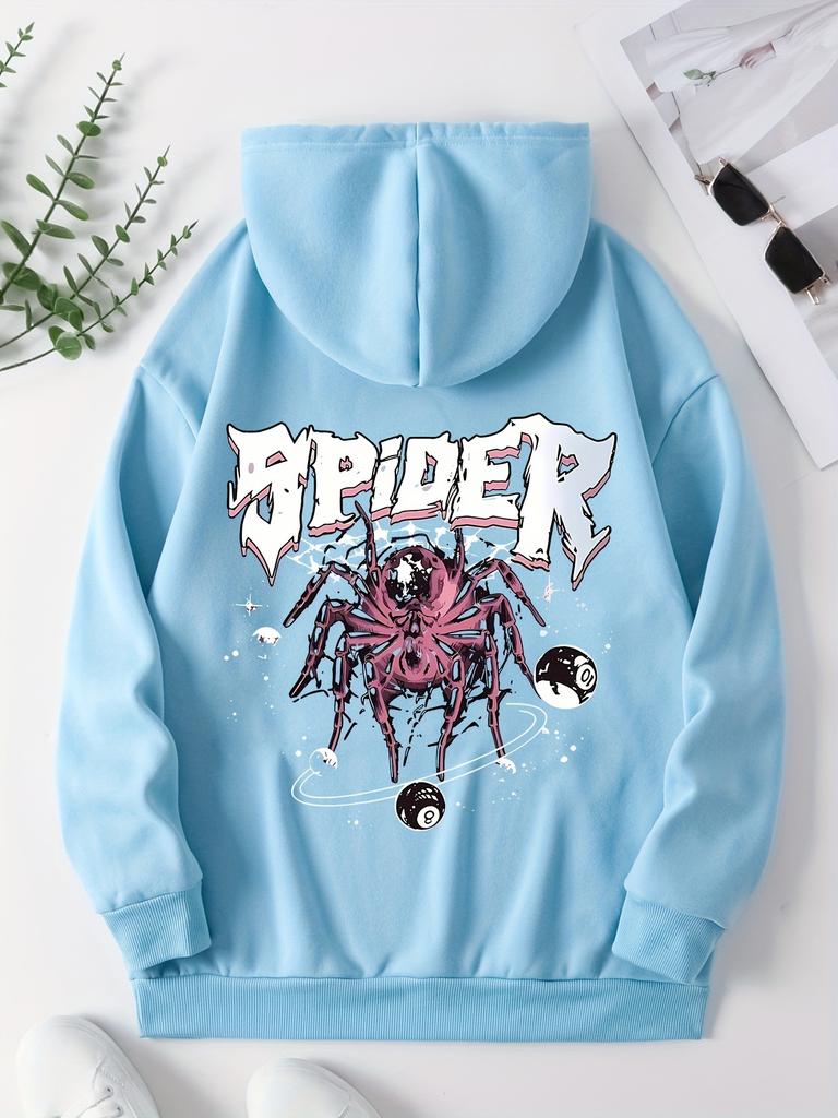 Spider Print Autumn Stylish Loose Top Solid Color Hooded Polyester Men's Sweatshirt Simple Casual