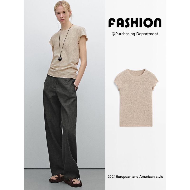 Za2025 Summer New Women Clothes Simple Round Neck Knitted Wooden Ear Short Sleeve T-shirt Top 06298199 806
