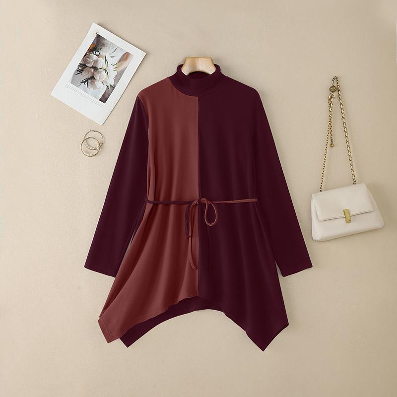 

ZANZEA Women Turtleneck Long Sleeve Patchwork Irregular Hem Casual Blouse 2XL вина червоного кольору