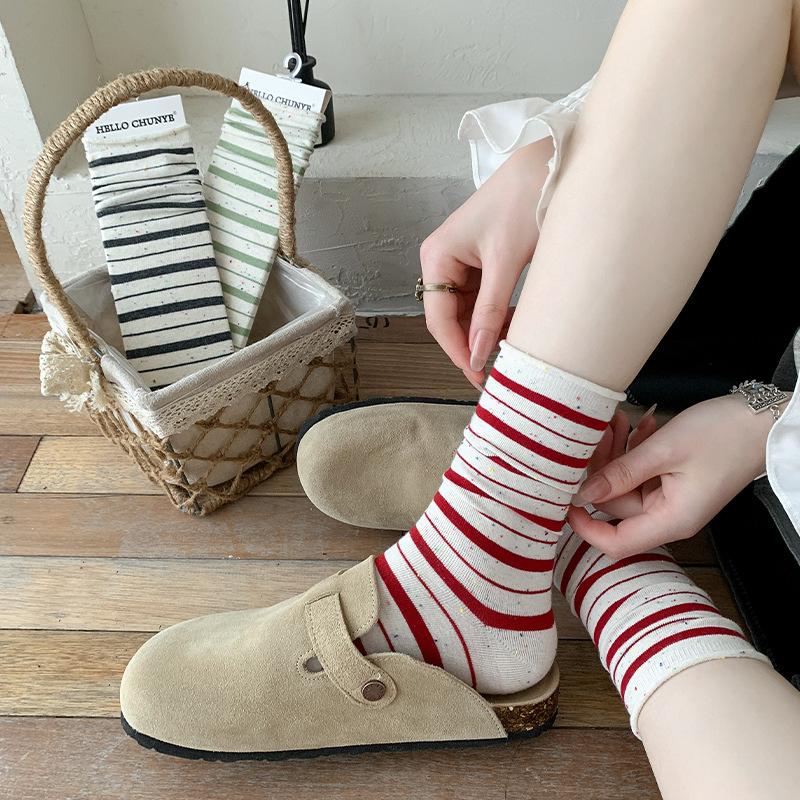 Korean Style Idea Yarn Striped Boneless Socks Women'S Mid-Leg Socks Spring And Autumn Cotton Rolled Hemmed Stacked Socks