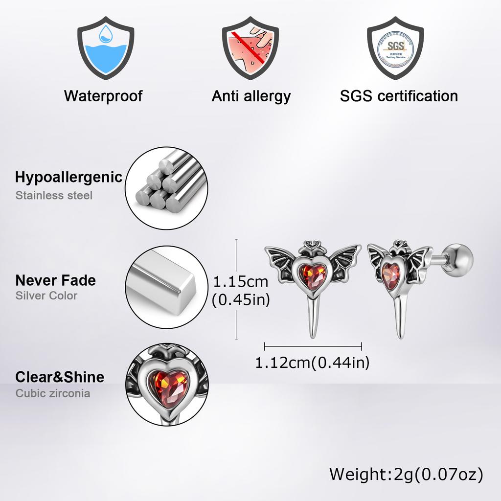 Gothic Wings Stud Earrings for Men Women,Vintage Stainless Steel Heart Zircon Sword Stud Earrings,Punk Piercing Jewelry Gift