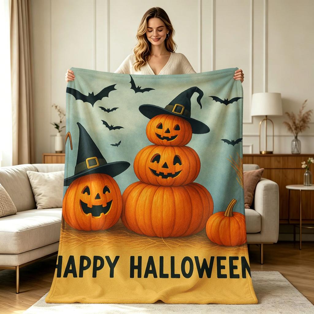 Soft Warm Flannel Blanket Happy Halloween Pumpkin Bat Print All Season Throw Blanket for Sofa Couch Bedroom Living Room Home Decor