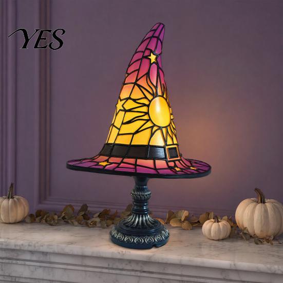 Halloween Nightstand Lamp Stained Glass Witch Hat Lamp, USB Powered Night Light for Bedroom Shelf Cozy Lighting Decor, Warm Glow Gothic Table