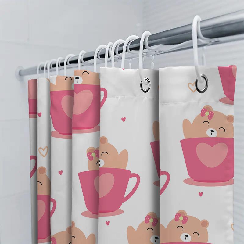 Pink Teddy Bear Tea Cup Shower Curtain Bathroom Decor For Girls And Women Cute Animal Print Wall Hangings Pink Love Hearts Size: