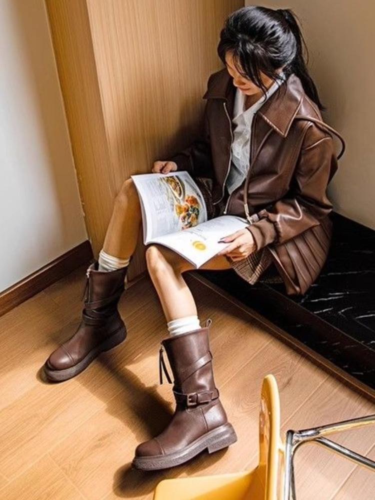 Fashion Autumn Winter Platform Warm Leather Round Toe Mid Calf Shoes Woman Y2k 2025 New Designer Luxury In Pu Half High Boots for Women
