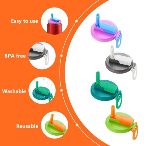 4-Pack Reusable Can Lids with Straws, Spill-Proof, and Easy-To-Clear Caps for Canned Drinks, Beer, and Juice, Includes Straws and Cleaning Brush