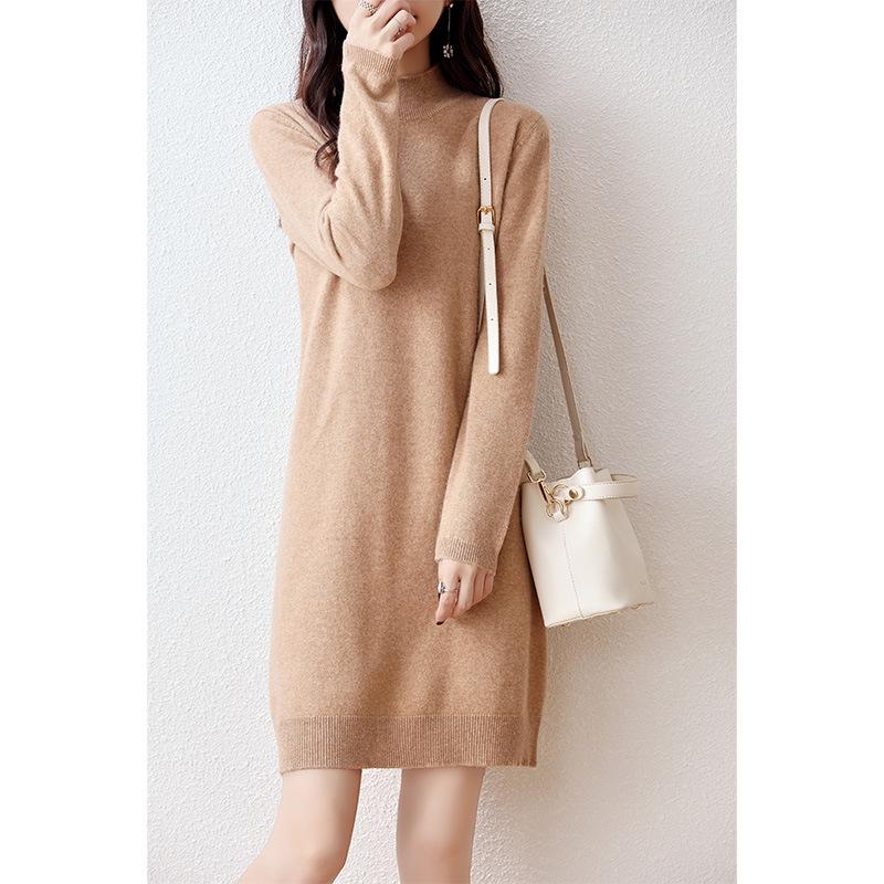 Women's 100% Wool Knit Dress - Autumn/Winter Semi-High Neck Casual Versatile Style