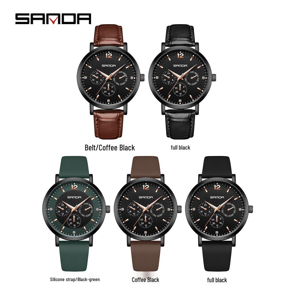 Sanda Waterproof Six-Hand Quartz Wristwatch, Luminous Hands, Unisex for Business and Casual Wear