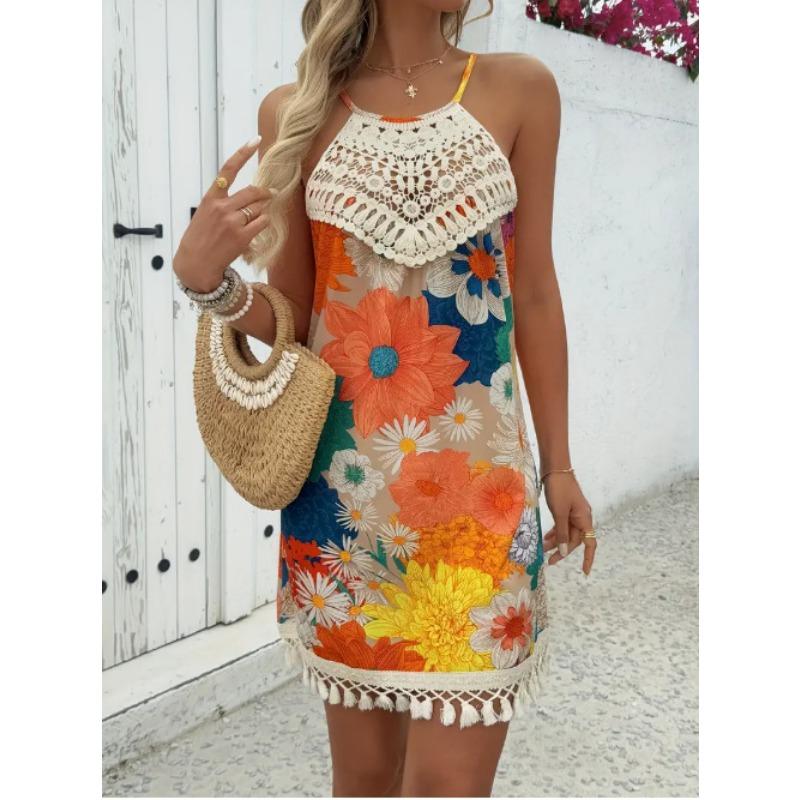 Summer Sleeveless Sweet Printed Lace Short Dress Elegant Fashion Loose Tassel A-line Party Holiday Dresses Tank Casual Simple Clothing