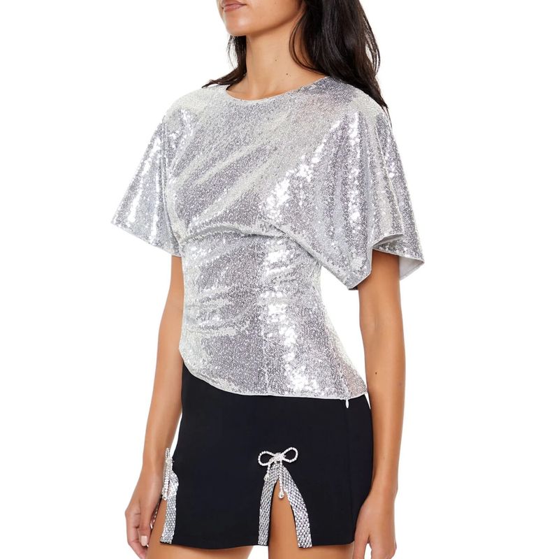 Foreign Trade Order F * 21 L.G.S.P Style Silver Sequined Batwing Sleeve Waist Hugging Irregular Temperament Top