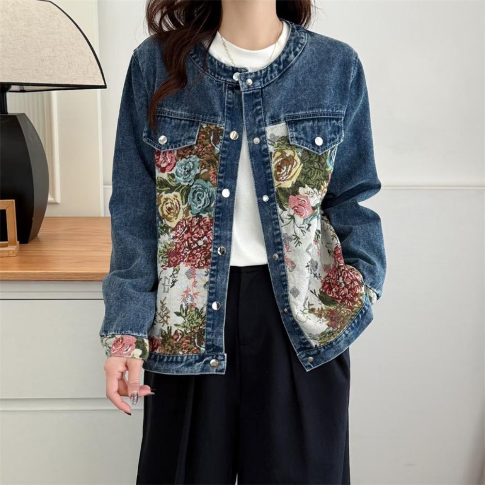 Spring Chinese Style Embroidered Casual   Denim Jacket for Women, Plus Size Long Sleeve Coat with Patchwork Design