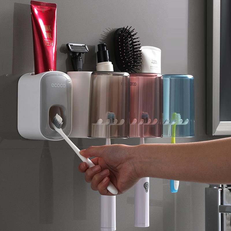 Ecoco Wall-Mounted Toothbrush Holder & Automatic Toothpaste Dispenser with Mouthwash Cup