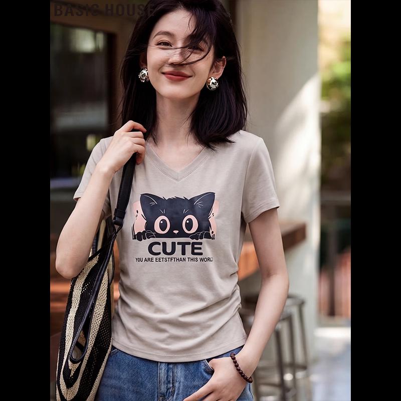 Basic House Women s Khaki V-Neck Animal Print Short Sleeve T-Shirt 2XL