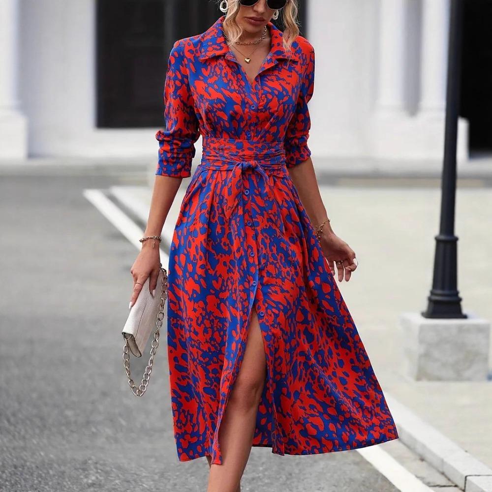 Women's Turn Down Collar Three Quarter Sleeve A-Line Maxi Dress High Waist Commuter Printed Shirt Midi Dress