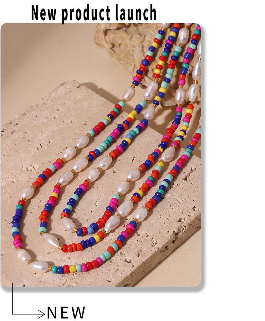 Bohemian Multi-Color Beaded Necklace with Glass Stones and Freshwater Pearls for Women