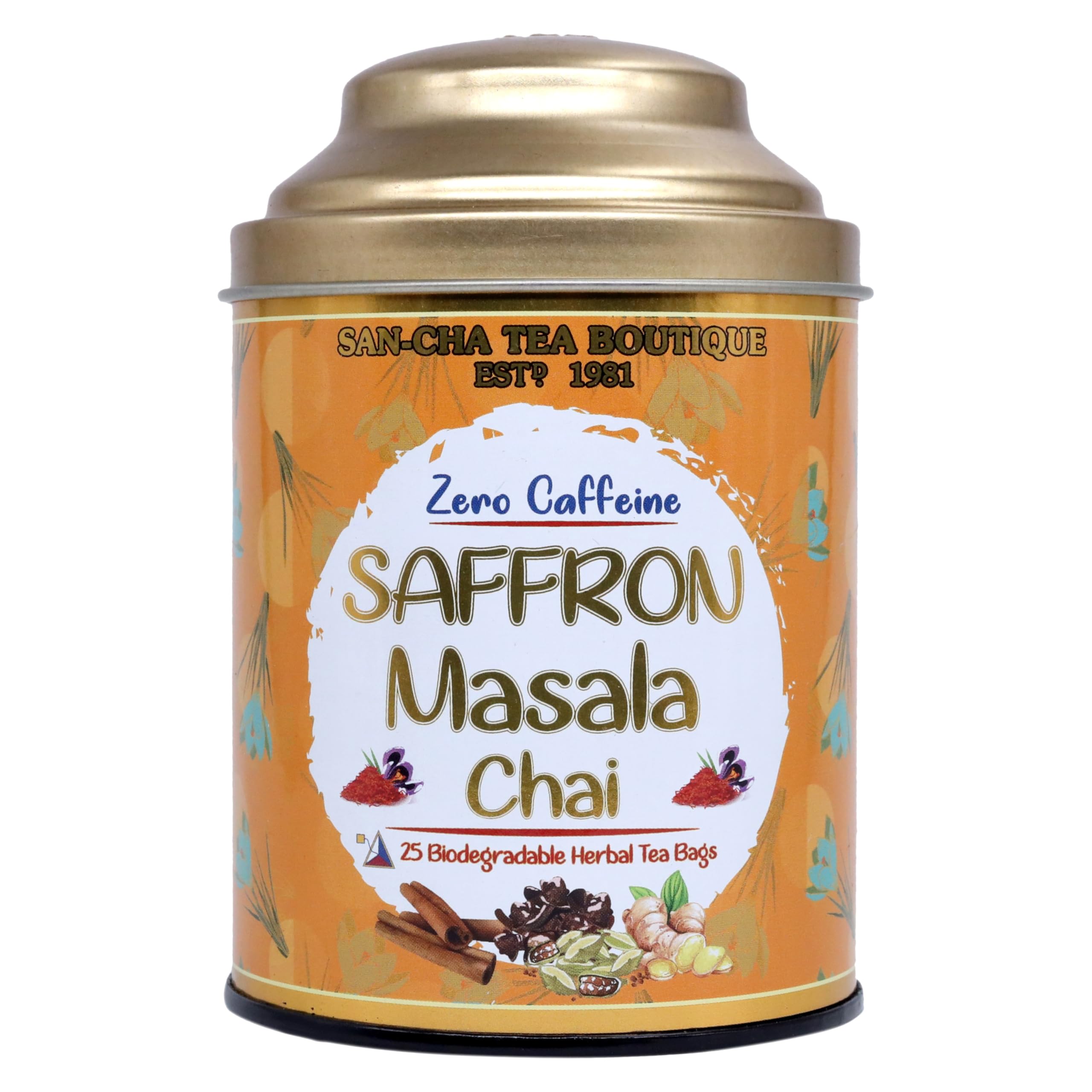 Sancha Tea Boutique, Saffron Masala Chai, Caffeine Free Herbal Tisane, 25 Pyramid Bags, Kesar Chai without Caffeine, Real Kashmir Saffron Blend