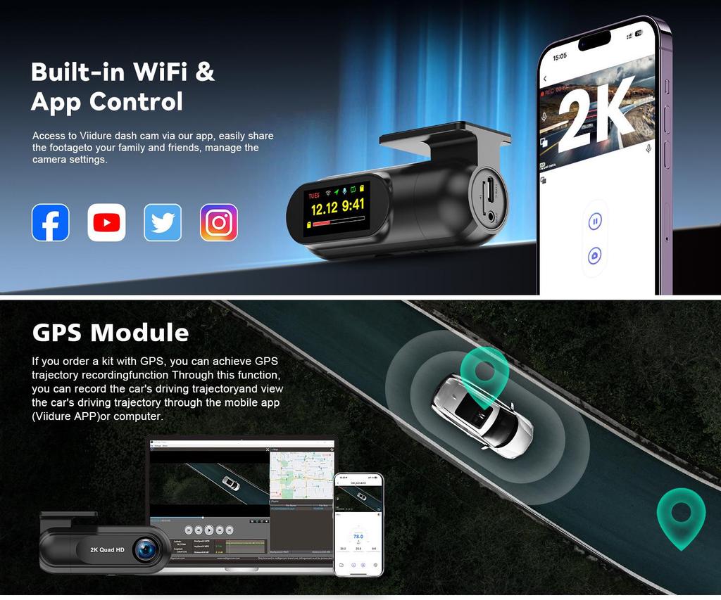 2.5K Hidden Dash Cam with WiFi, Time-Lapse, and GPS Tracking