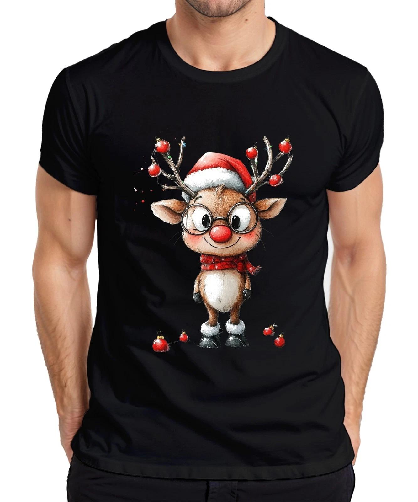 Смешной олень Рудольф в очках с красным носом Рождественский подарок Мужская футболка- M