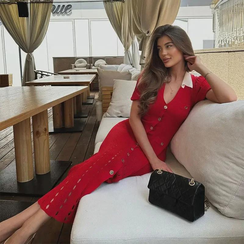 Women Fashion Contrast Single Breasted Knitted Dress Lapel Short Bubble Sleeve Hollow Out Slimming Long Dresses