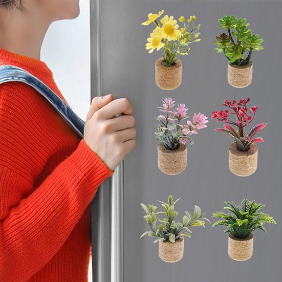 Artificial Potted Plants Refrigerator Magnet Home Office Kitchen Locker Fridge 3D Miniature Cork Pot Fake Flower Magnetic Decoration Ornament
