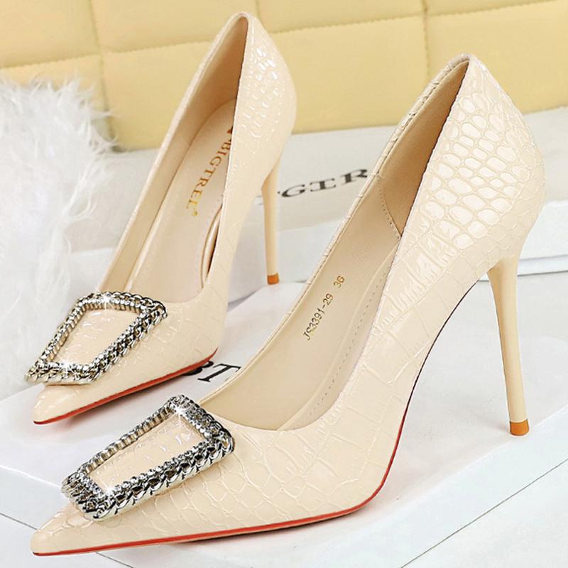 shoes Stone patterned patent leather Women Pumps Rhinestone buckle High Heels 10 CM Stiletto Luxury banquet shoes women