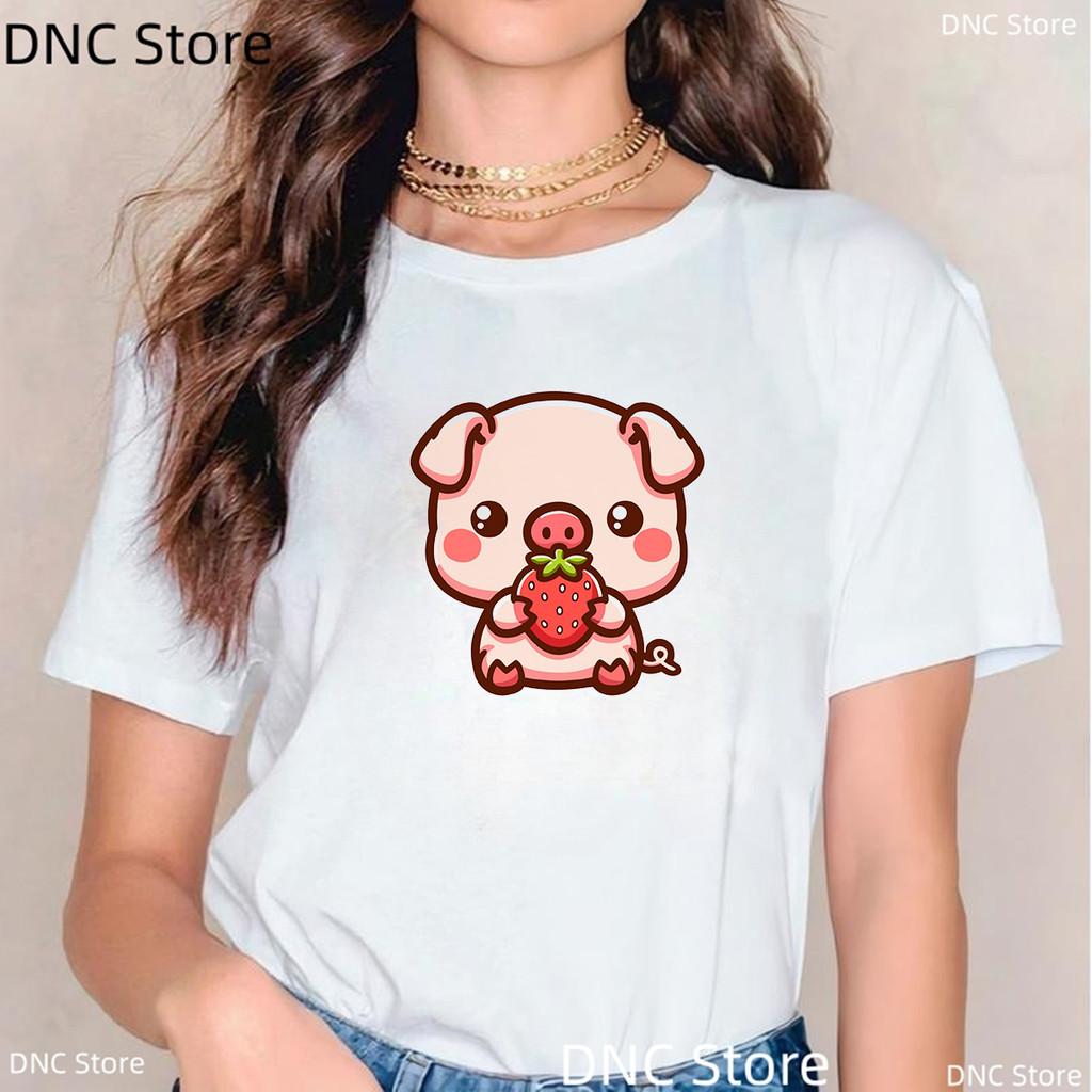 New Pink Pig Boba Tea Printed T Shirt Women Cartoon Animal T-shirt Casual Tops Bubble Tea Female Short Sleeve Streetwear Tshirt
