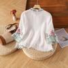 Cotton Linen New Summer Retro Ethnic Embroidered Shirt Women's Retro Button Color Blocked Seven Quarter Sleeve Top Loose Fit