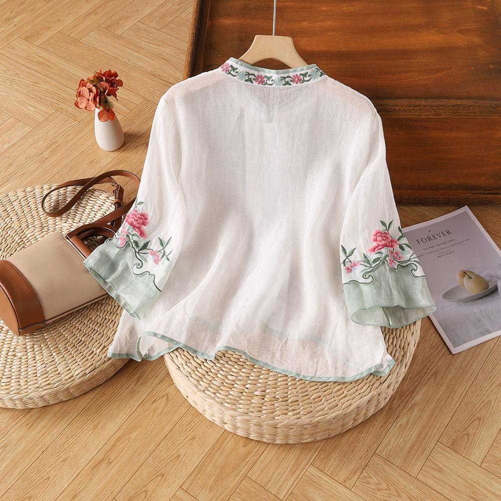 Cotton Linen New Summer Retro Ethnic Embroidered Shirt Women's Retro Button Color Blocked Seven Quarter Sleeve Top Loose Fit