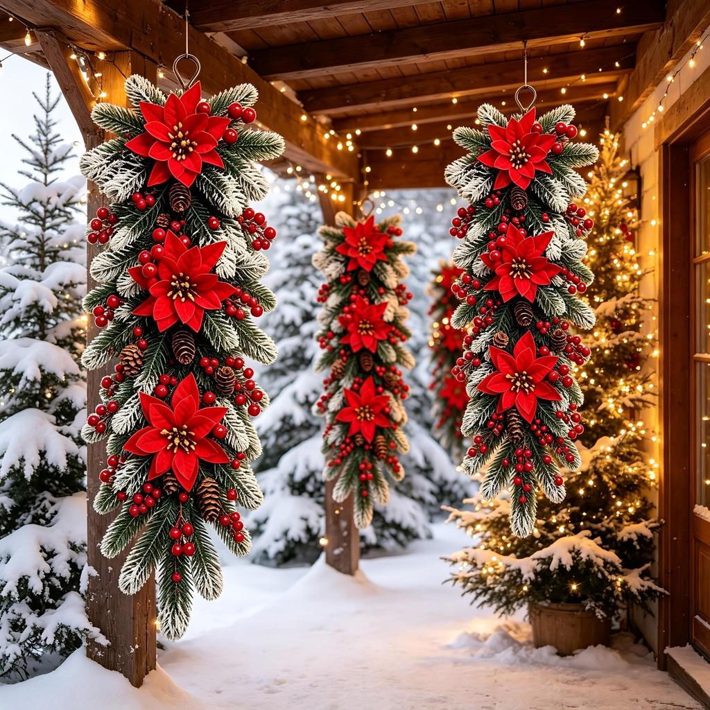 Christmas Decorative Garlands Selected Artificial Poinsettias, Red Berries, and Pine/Cypress Branches Feature Rich Colors and Natural Shapes