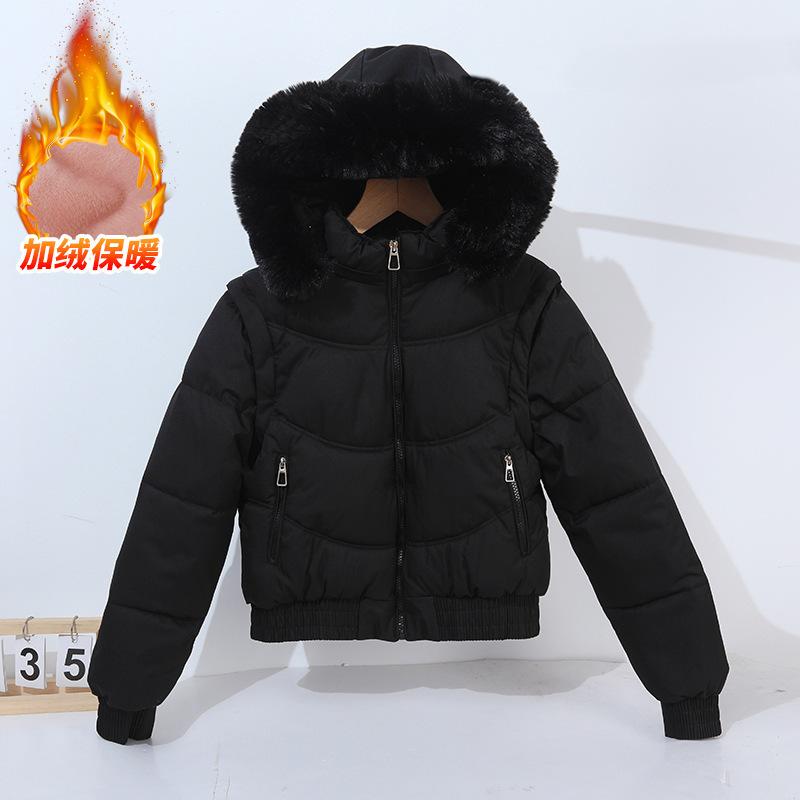 

New velvet warm large fur collar live sleeve cotton clothes women slim small short thickened jacket women M чёрный