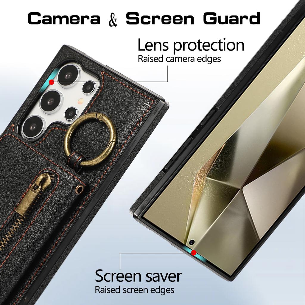 For Samsung Galaxy S25 Ultra Lær Bakdeksel Glidelåslomme Støtteben Telefondeksel med Skulderstropp