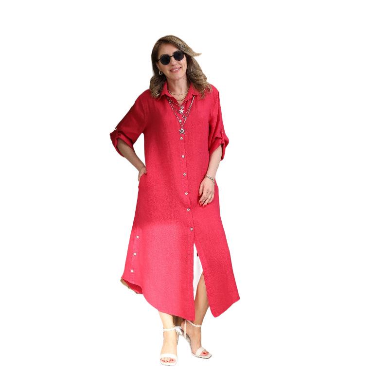 Plus Size Linen Button-Down Dress with Lace Cutout - European & American Style Casual