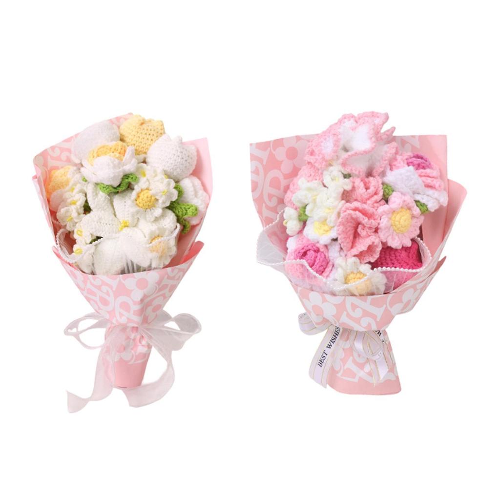 Crochet Bouquet Knitted Flowers Artificial Flower Arrangement Handmade Ornament for Mother Day Thanksgiving