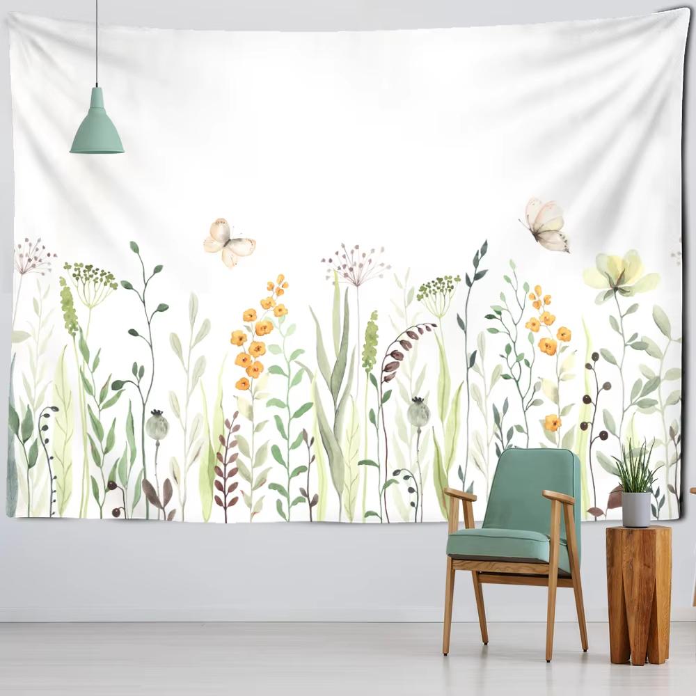 Boho Nature Landscape Floral Green Plants Tapestry Wall Hanging Fern Leaves Aesthetic Room Home Decor