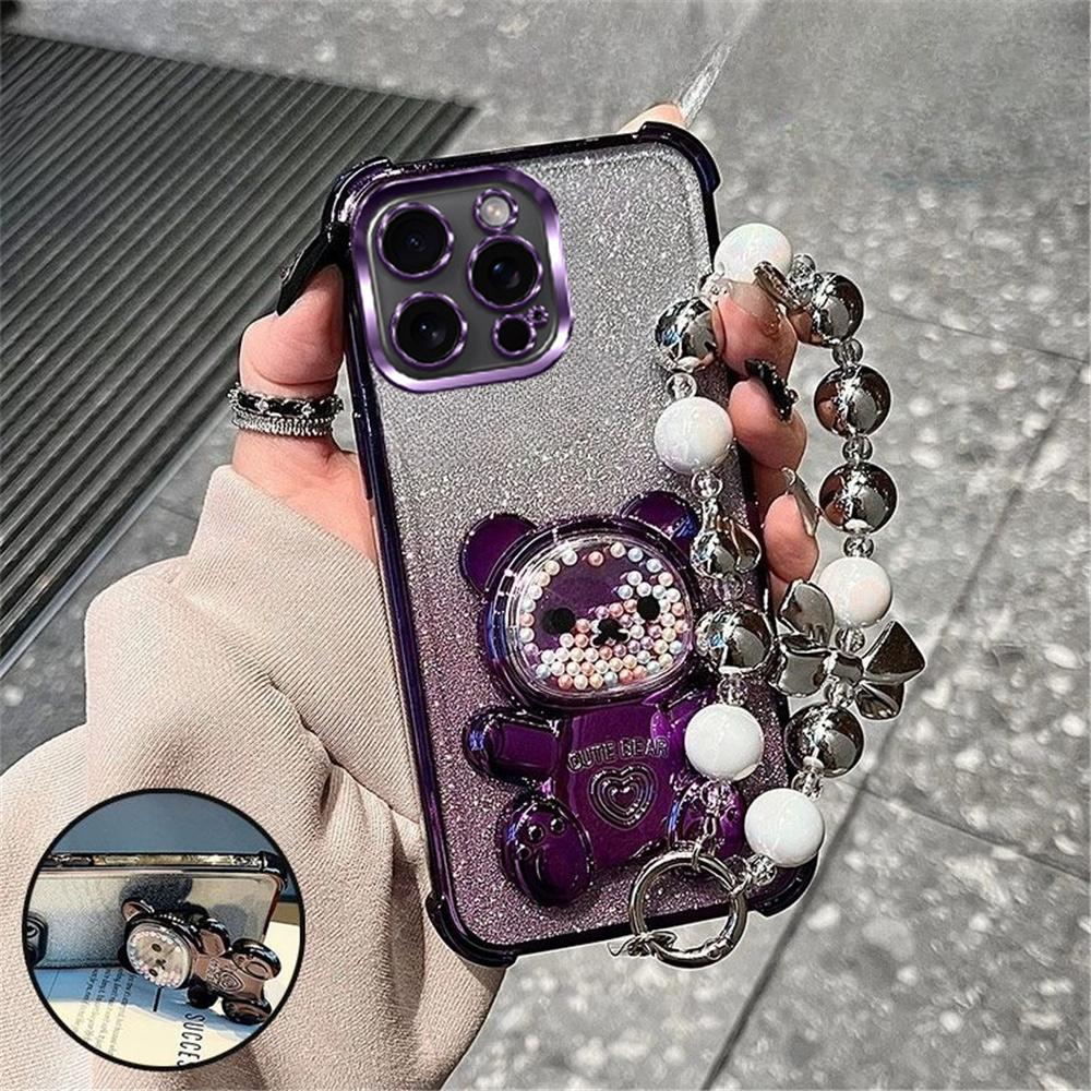 Luxury Bow Strap Bear Phone Holder Case For iPhone X XS Max XR 7 8 6 6S Plus SE 2020 Soft Silicon Glitter Shockproof Stand Cover