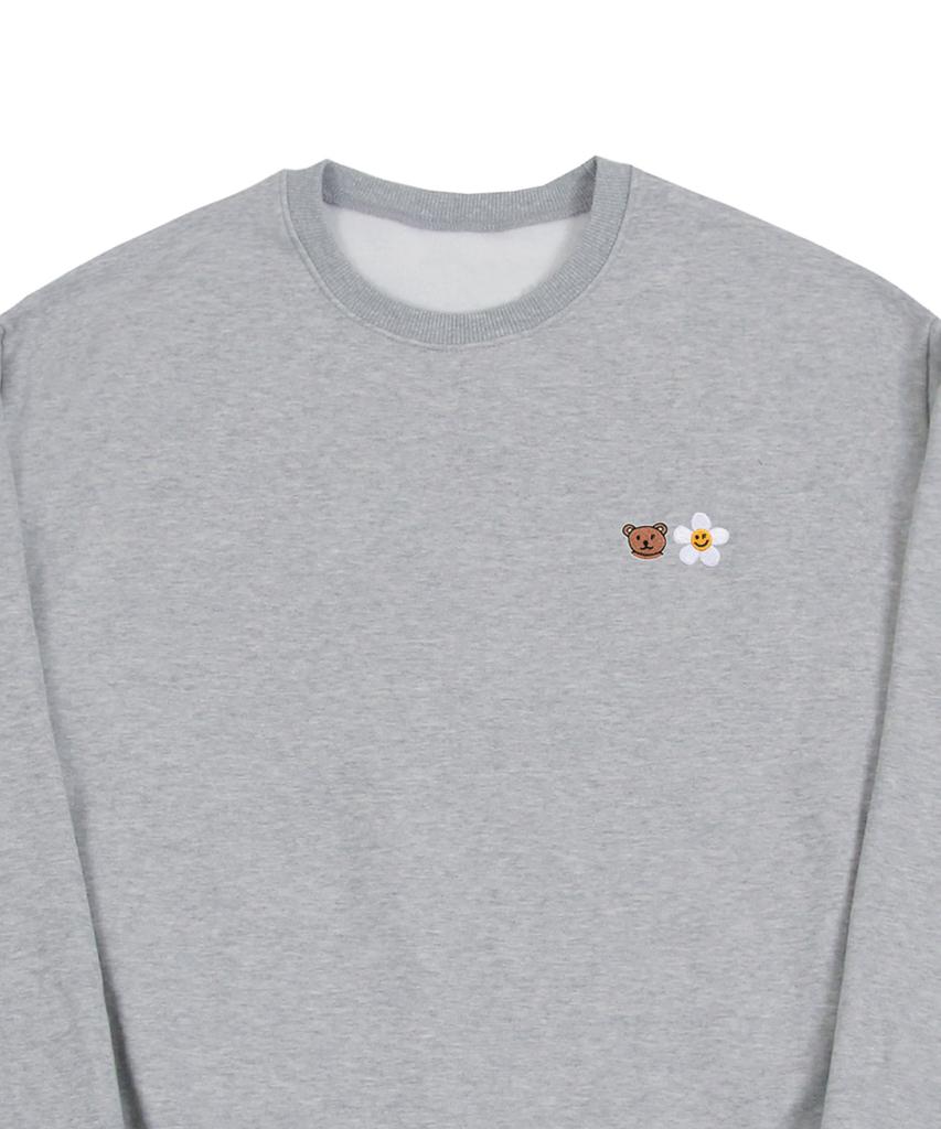 GRAVER [Unisex] Small Flower Bear Face Embroidered Smile Sweatshirt_Gray