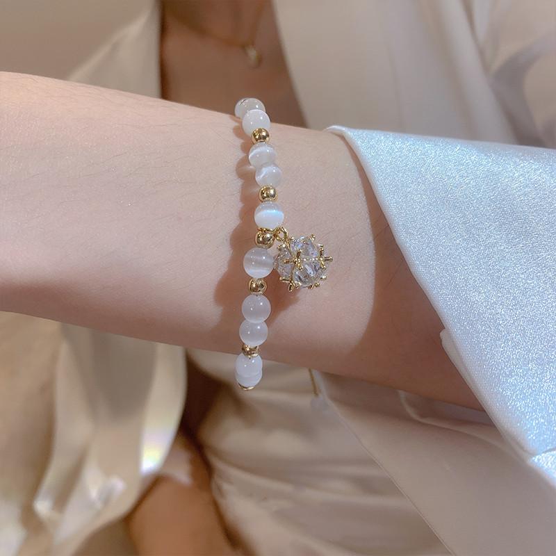 Korean White Opal Stone Pearl Bracelets for Women Luxury Exquisite Crystal Adjustable Cuff Bracelet Wedding Jewelry Party Gift